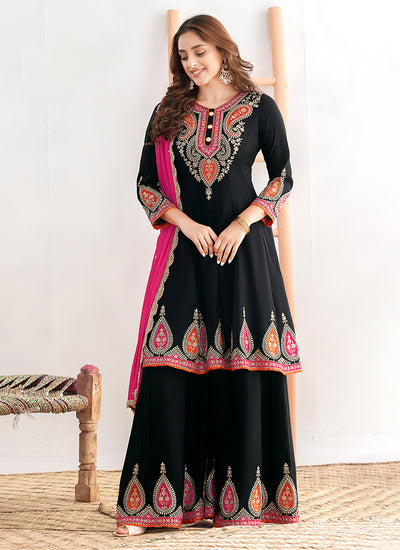 Black Multi Embroidery Anarkali Palazzo Suit
