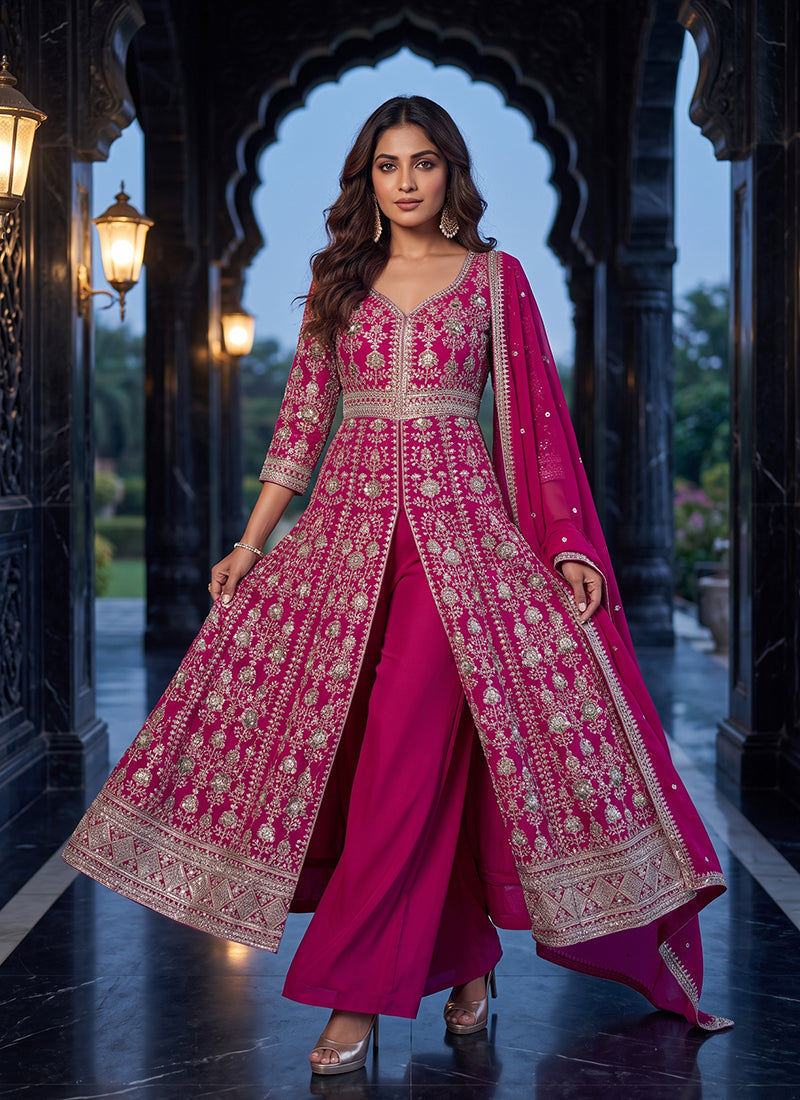 Magenta Pink Embroidered Slit Style Anarkali Palazzo Suit

