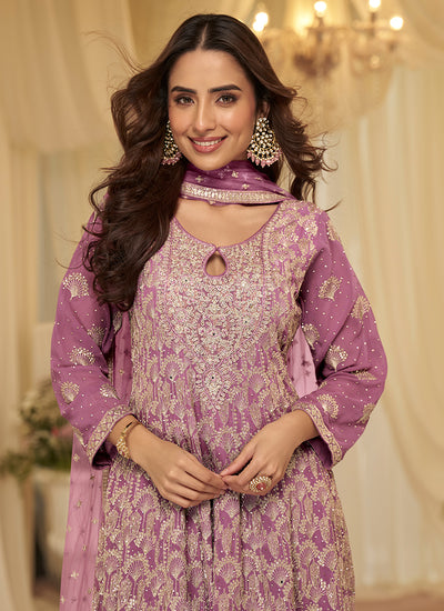 Mauve Purple Embroidered Anarkali Palazzo Suit