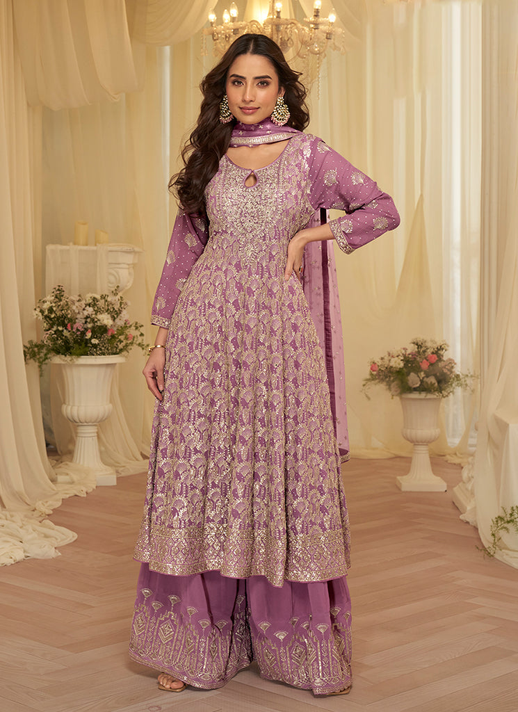 Mauve Purple Embroidered Anarkali Palazzo Suit