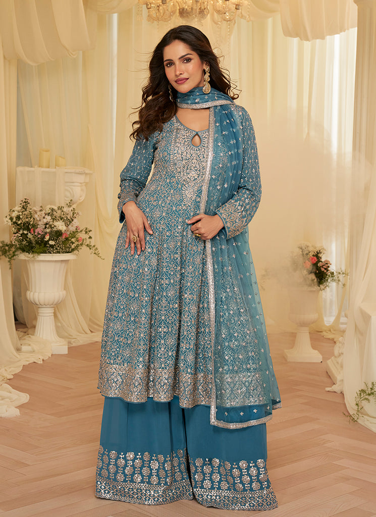 Teal Blue Embroidered Anarkali Palazzo Suit