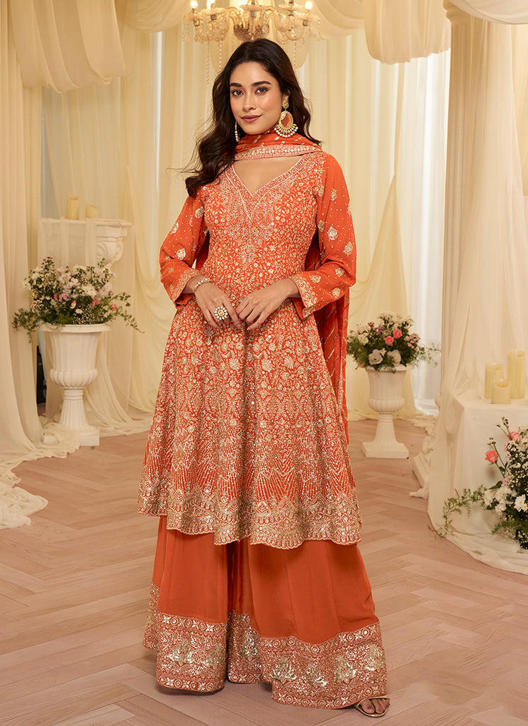Orange Embroidered Anarkali Palazzo Suit