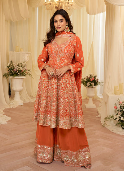 Orange Embroidered Anarkali Palazzo Suit