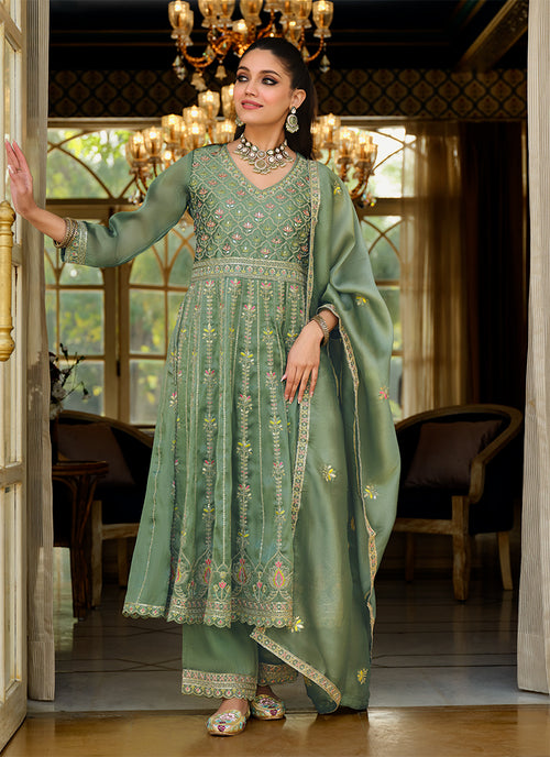 Sage Green Cording Embroidery Anarkali Pant Style Suit