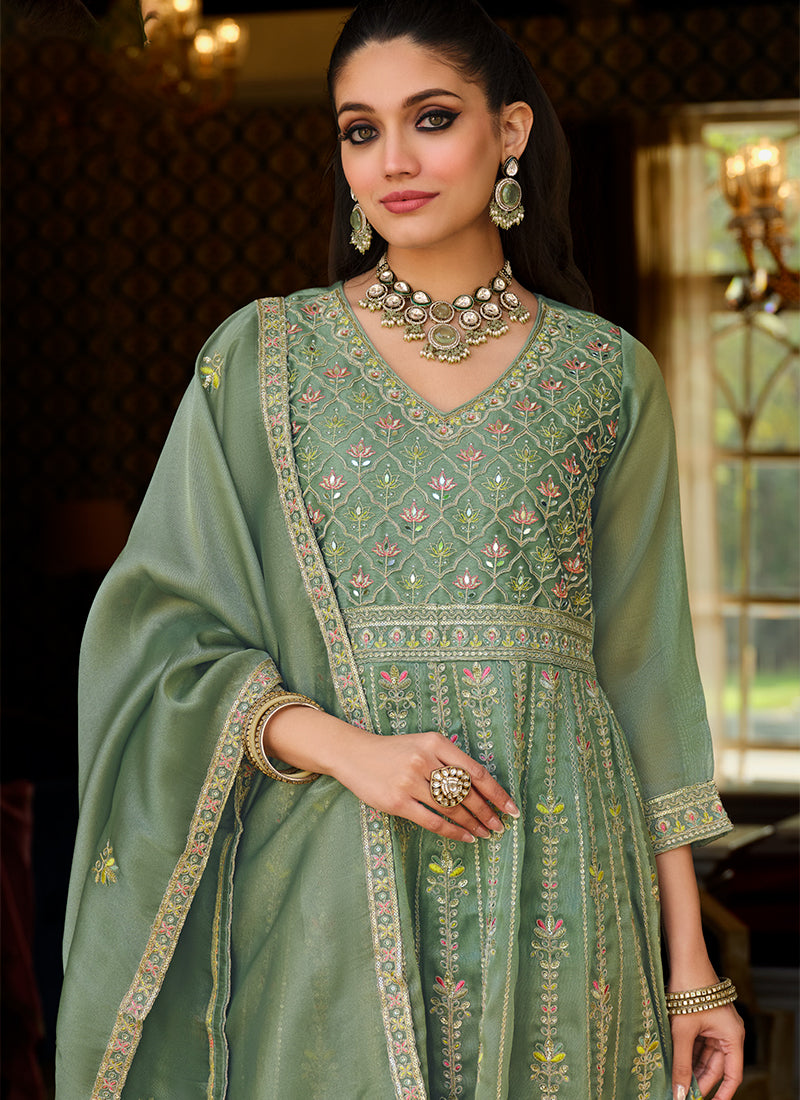 Buy Sage Green Anarkali Pant Style Suit In USA