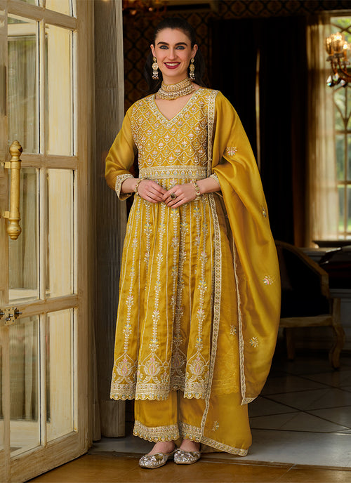 Yellow Cording Embroidery Anarkali Pant Style Suit