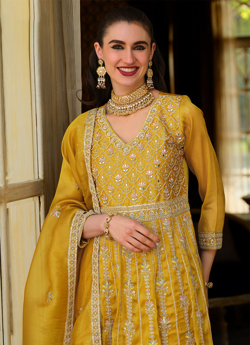 Buy Yellow Anarkali Pant Style Suit In Canada