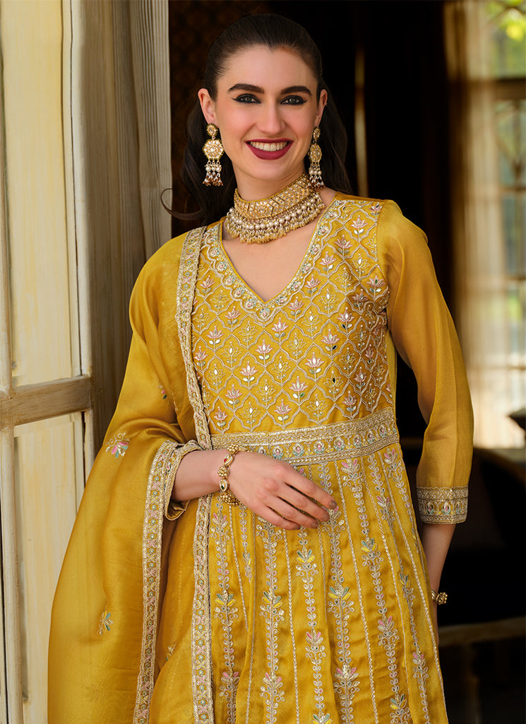 Buy Yellow Anarkali Pant Style Suit In Canada