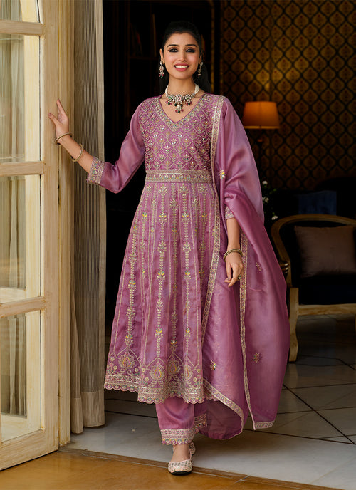 Mauve Cording Embroidery Anarkali Pant Style Suit