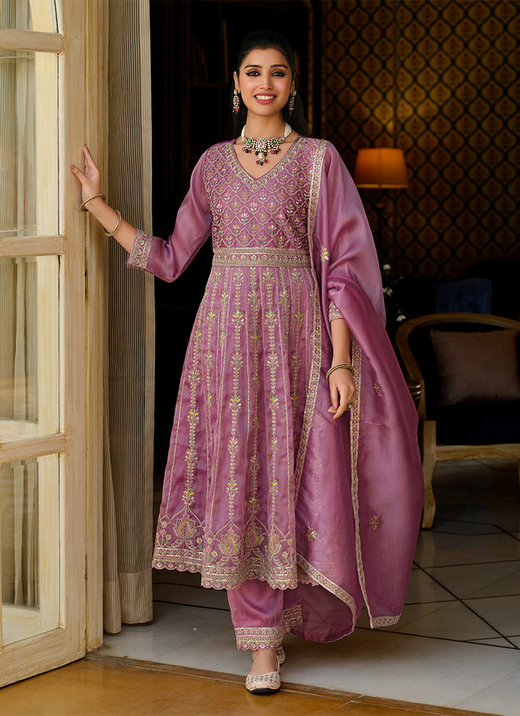 Mauve Cording Embroidery Anarkali Pant Style Suit