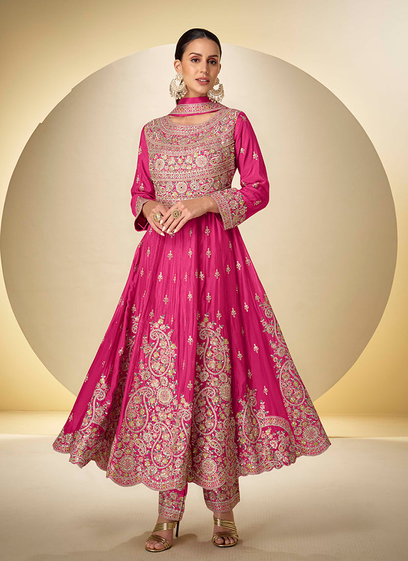 Magenta Multi Embroidery Anarkali Pant Style Suit
