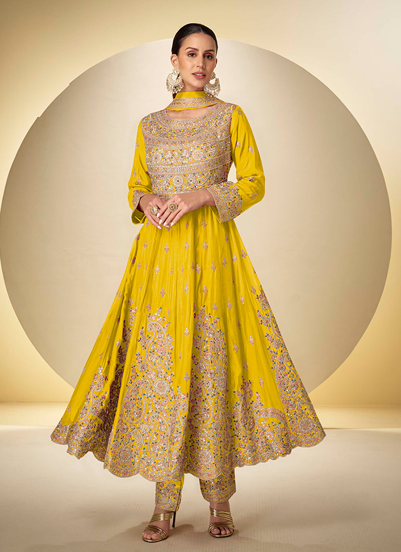 Yellow Multi Embroidery Anarkali Pant Style Suit