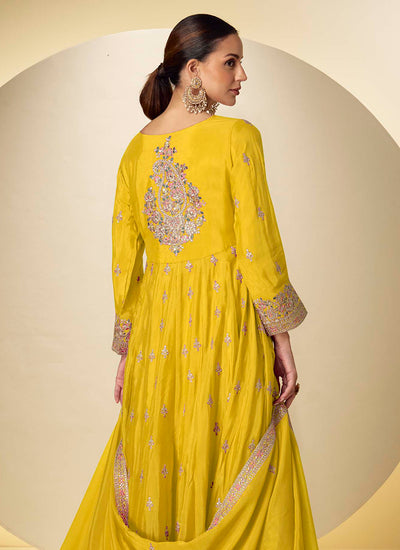 Yellow Multi Embroidery Anarkali Pant Style Suit