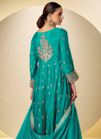 Turquoise Multi Embroidery Anarkali Pant Style Suit