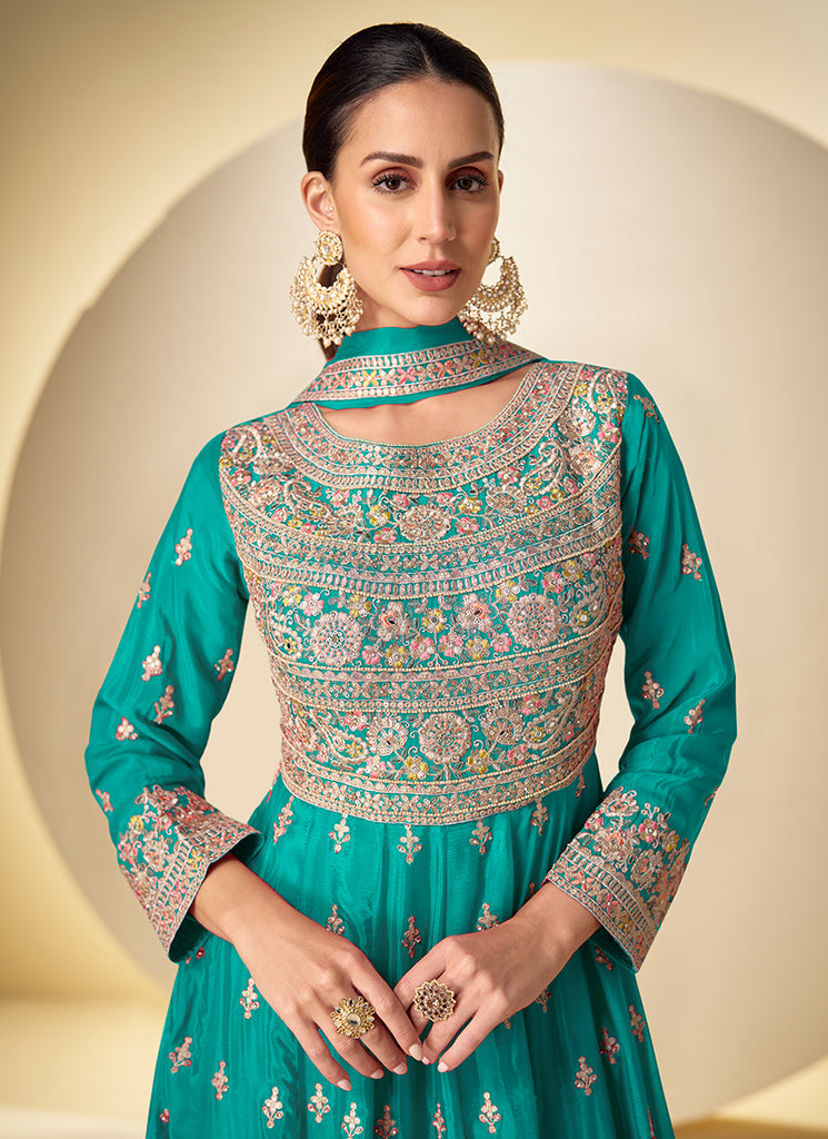 Buy Turquoise Anarkali Pant Suit In Canada