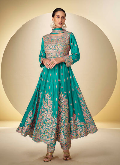 Turquoise Multi Embroidery Anarkali Pant Style Suit