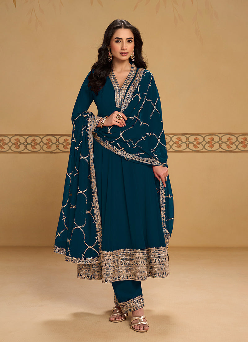 Turquoise Embroidered Anarkali Pant Style Suit