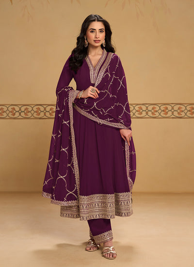 Deep Wine Embroidered Anarkali Pant Style Suit