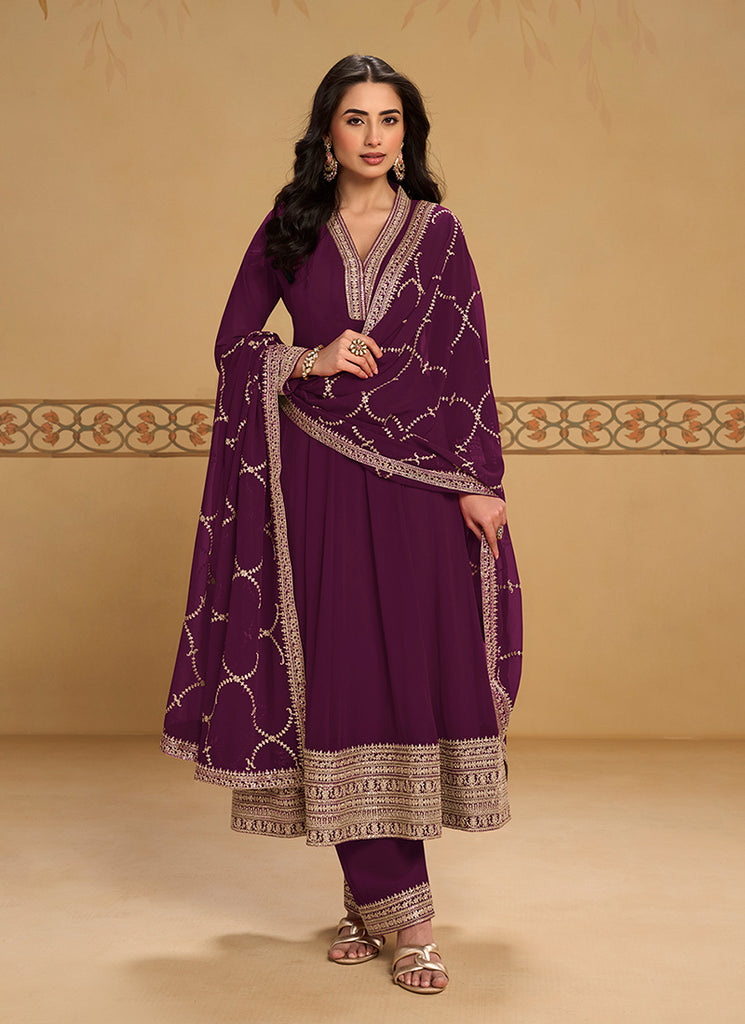 Deep Wine Embroidered Anarkali Pant Style Suit