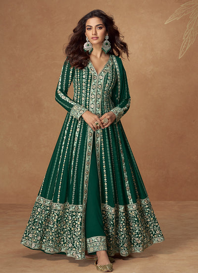 Green Slit Style Designer Anarkali Pant Suit