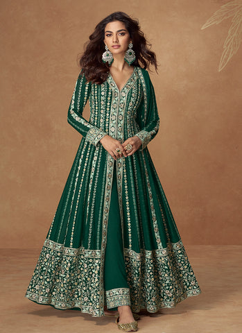 Green Embroidered Slit Style Designer Anarkali Pant Suit