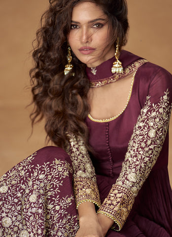 Maroon Embroidered Slit Style Designer Anarkali Pant Suit