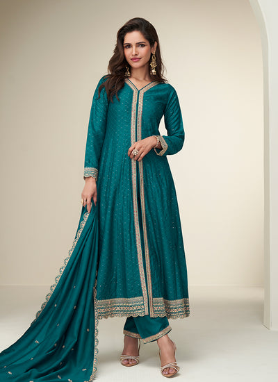 Turquoise Slit Style Anarkali Pant Suit