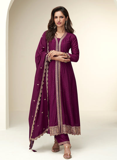 Wine Slit Style Anarkali Pant Suit