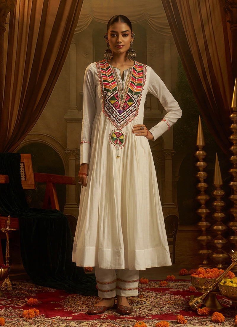 Off White Handwork Embroidery Anarkali Pant Suit