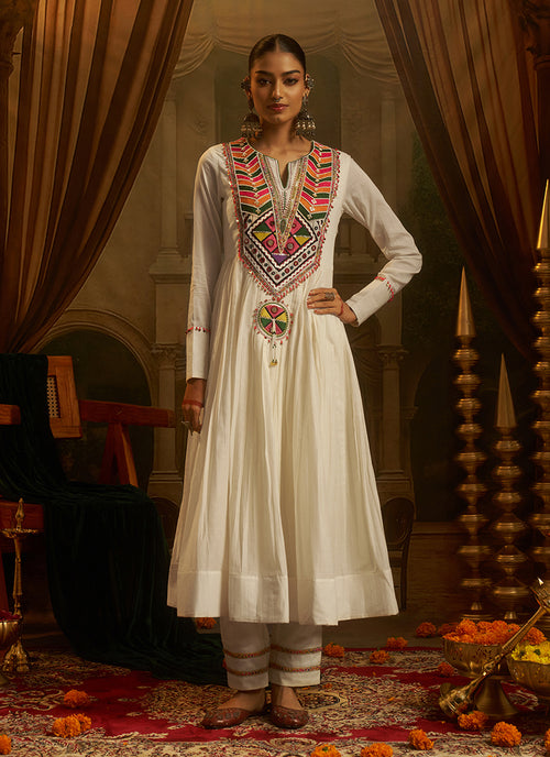 Off White Handwork Embroidery Anarkali Pant Suit