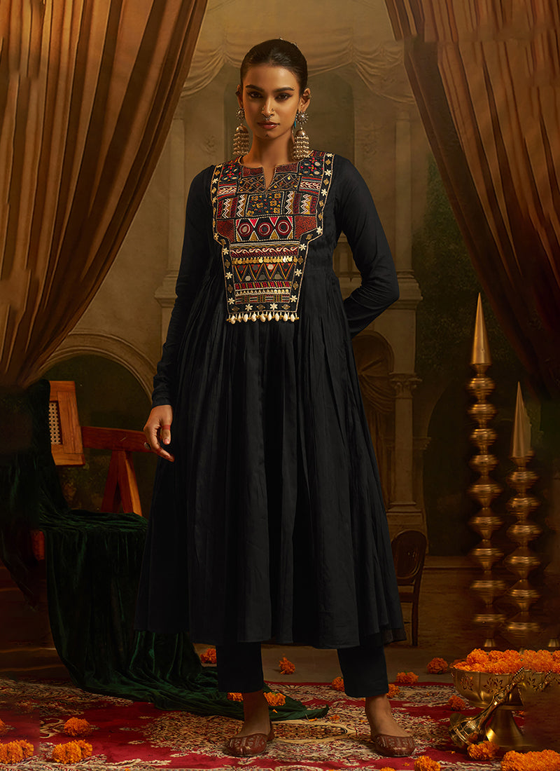 Black Multicolor Handwork Mul Cotton Anarkali Pant Suit