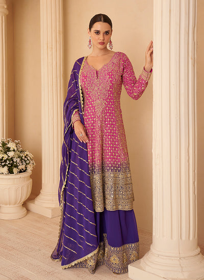 Pink And Purple Anarkali Sharara Suit