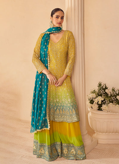 Yellow Ombré Anarkali Sharara Suit