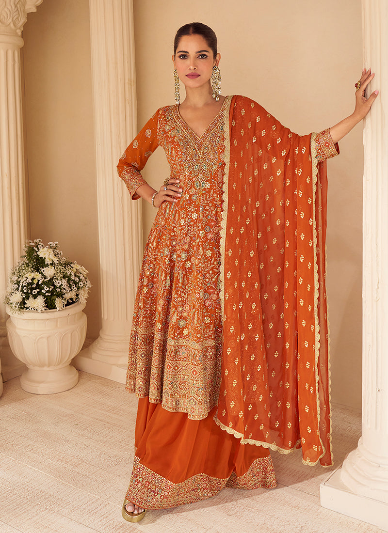 Orange Multi Embroidery Anarkali Sharara Suit