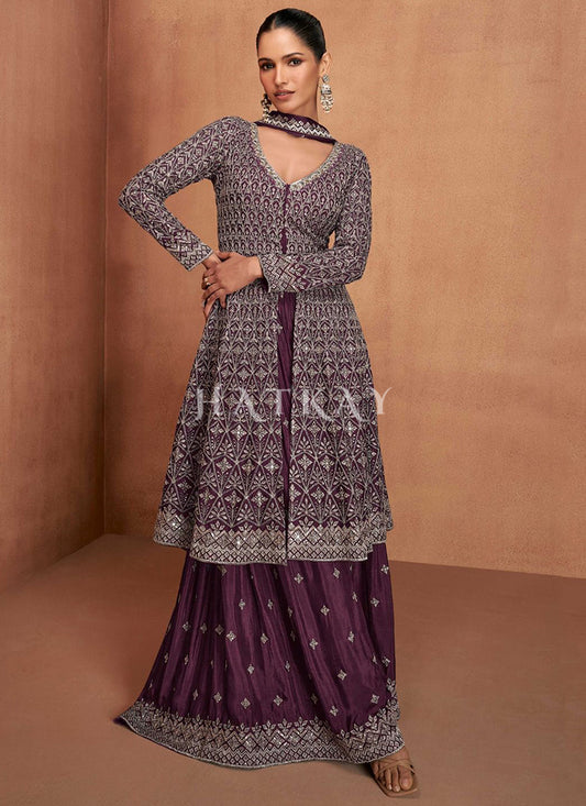 Deep Wine Slit Style Anarkali Sharara Suit