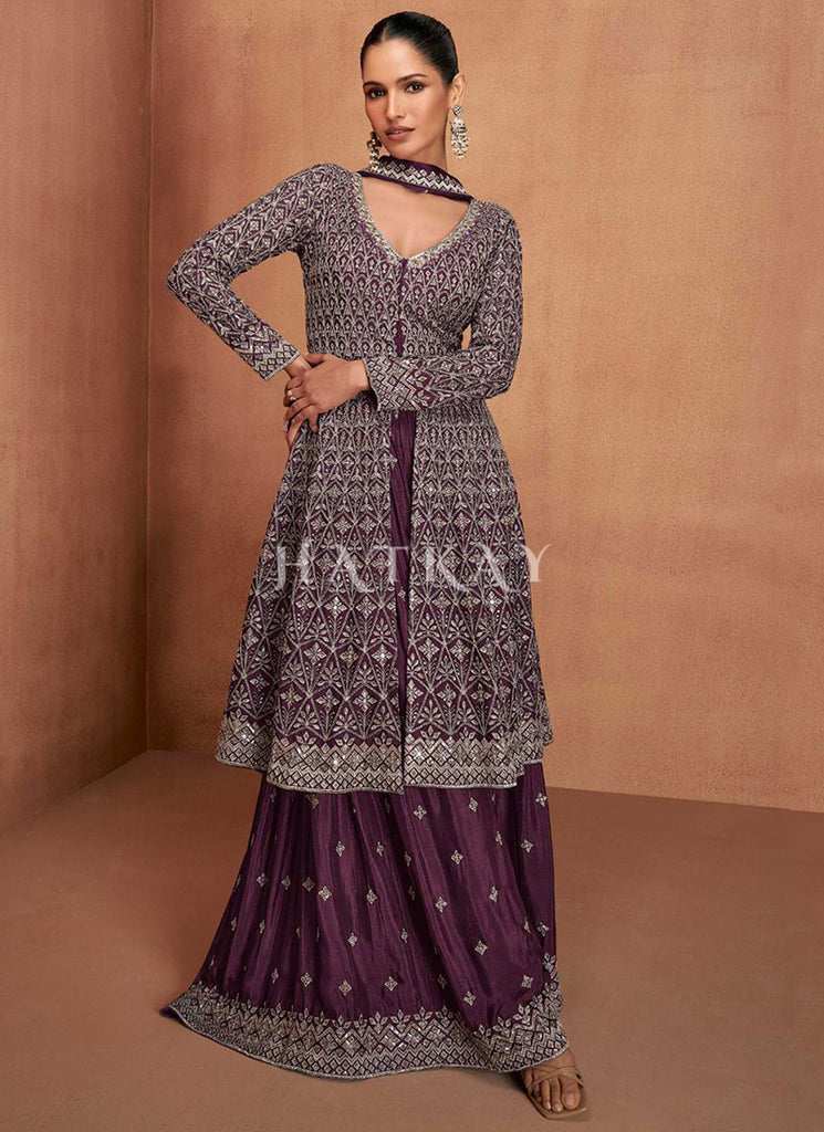 Deep Wine Slit Style Anarkali Sharara Suit