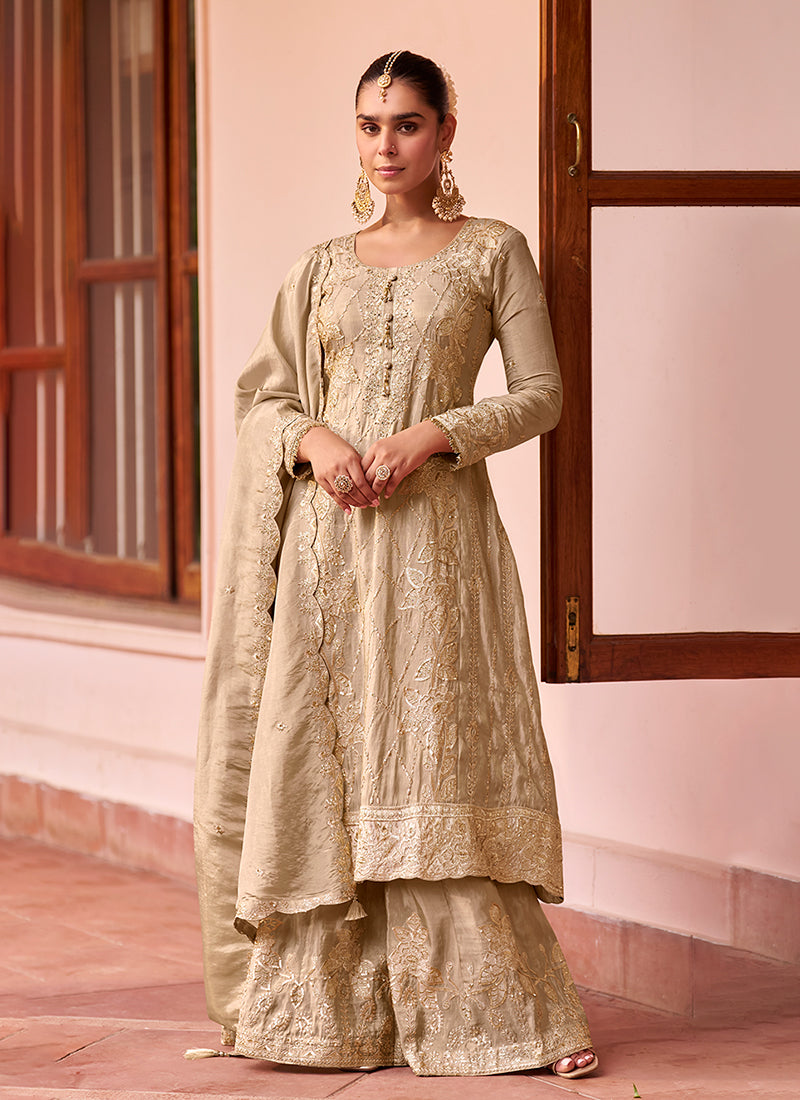 Beige Golden Embroidered Silk Palazzo Suit