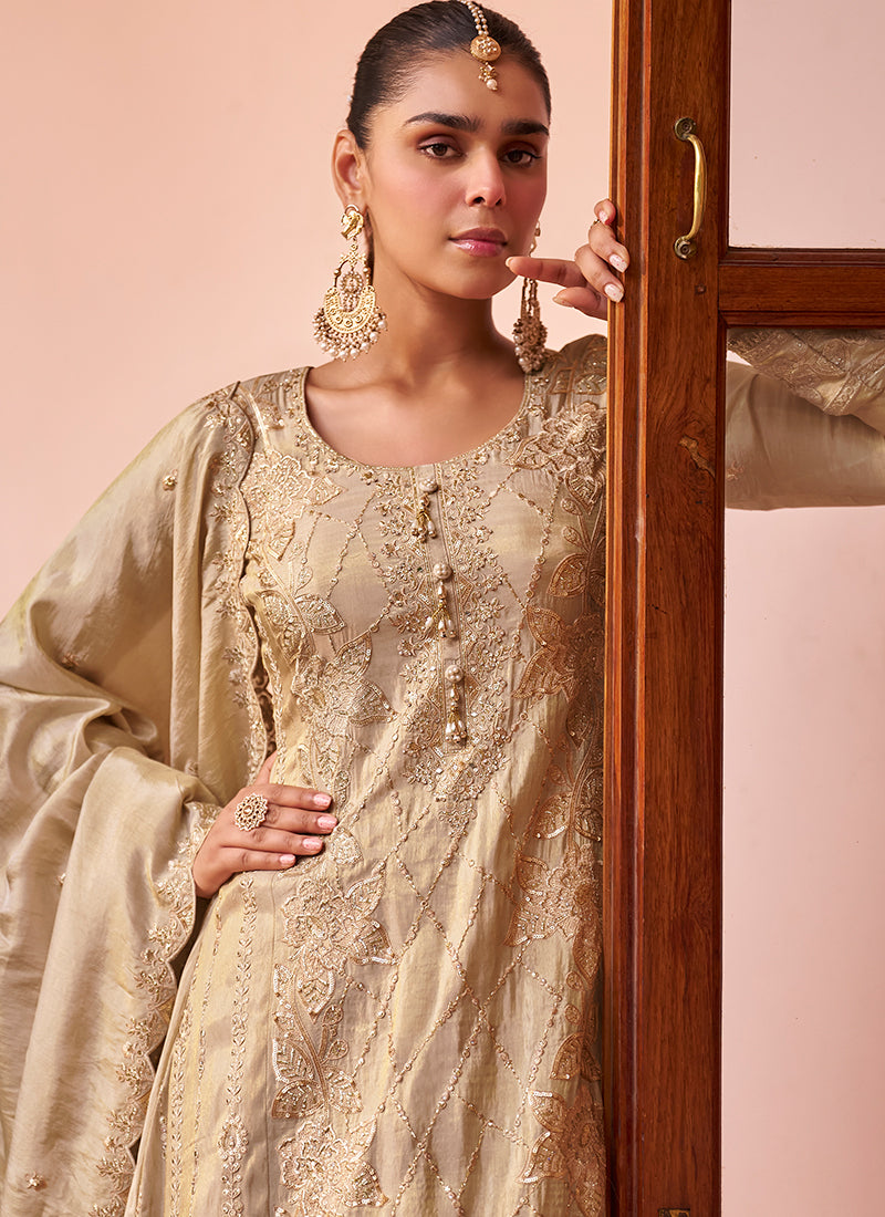 Beige Golden Embroidered Silk Palazzo Suit