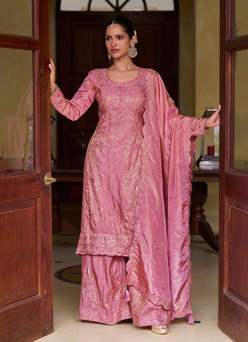 Rose Pink Embroidered Silk Palazzo Suit