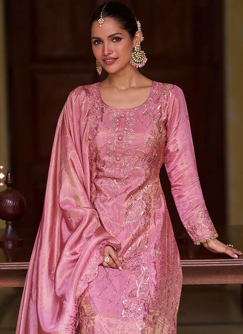 Rose Pink Embroidered Silk Palazzo Suit
