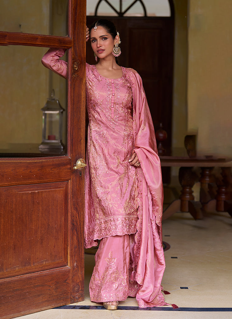 Rose Pink Embroidered Silk Palazzo Suit