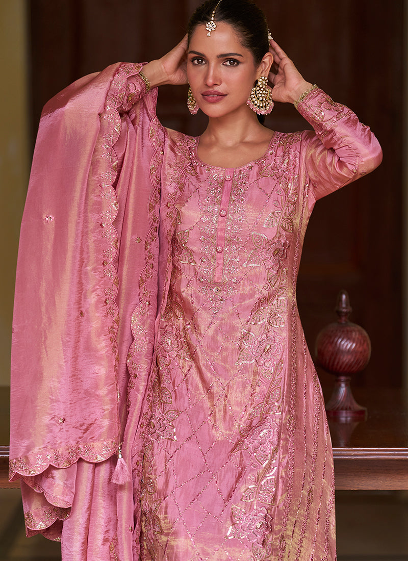 Rose Pink Embroidered Silk Palazzo Suit