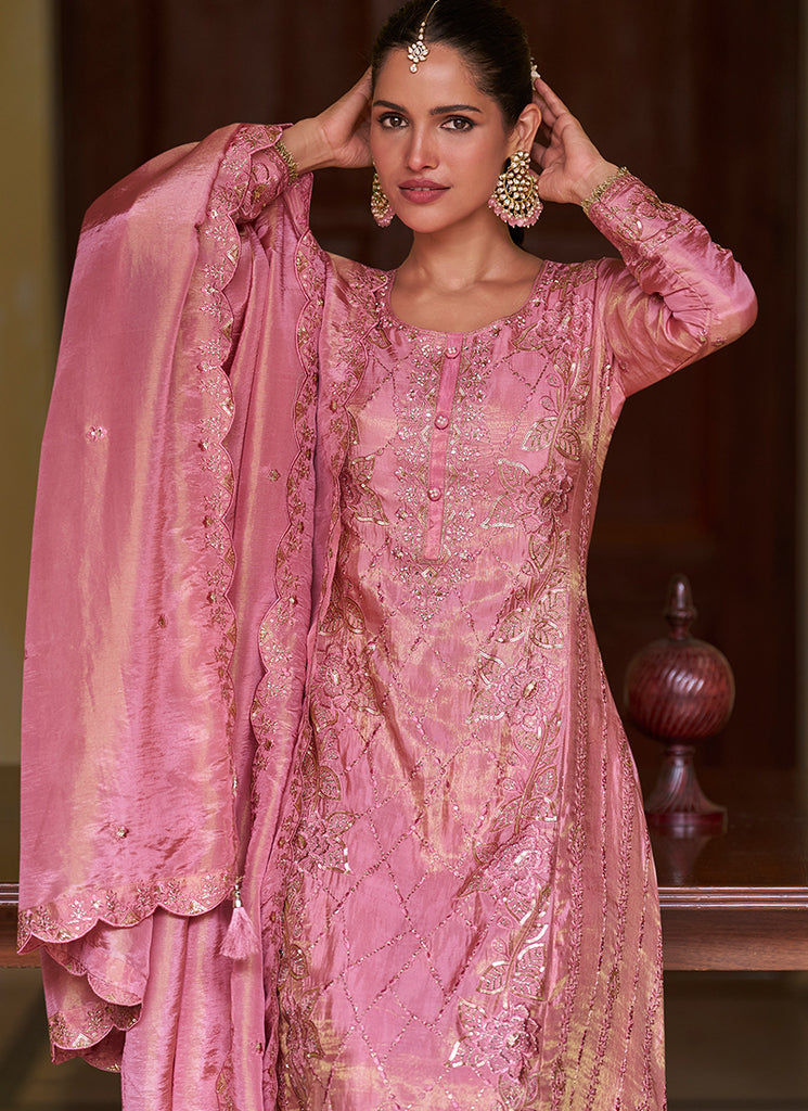 Rose Pink Embroidered Silk Palazzo Suit