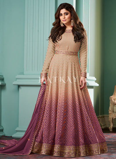 Beige And Wine Ombre Embroidered Anarkali Dress
