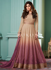 Beige And Wine Ombre Embroidered Anarkali Dress