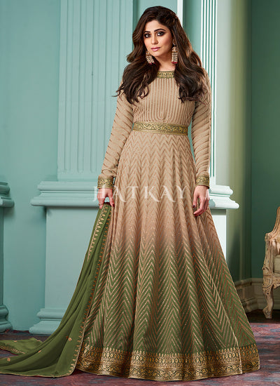 Beige And Olive Ombre Embroidered Anarkali Dress