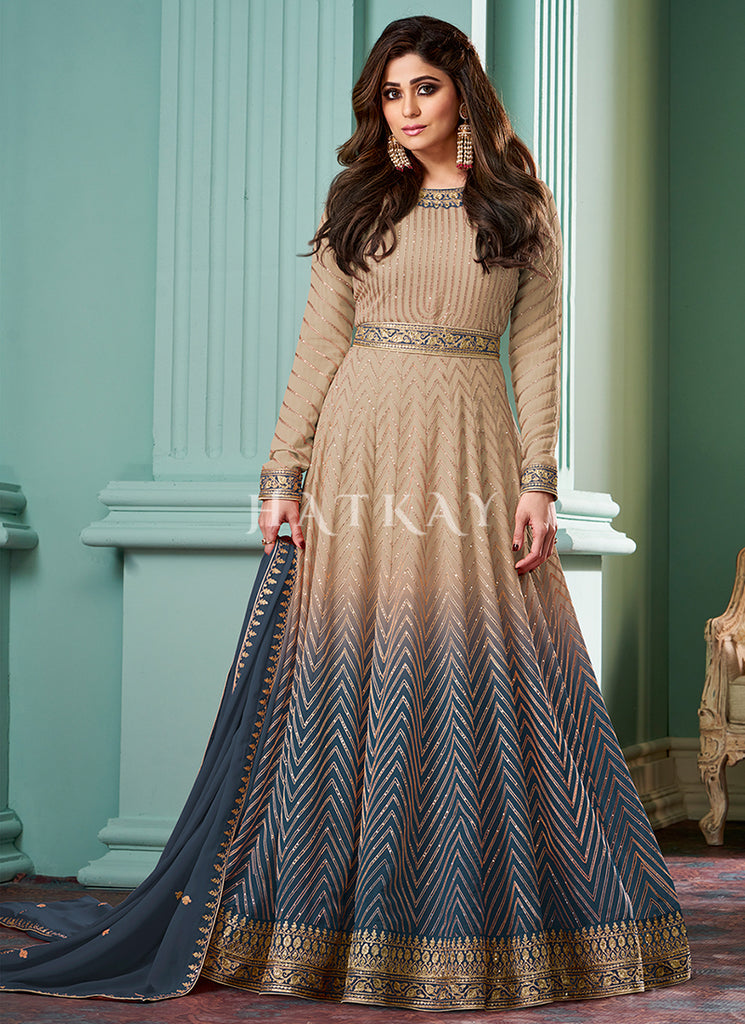Beige And Blue Ombre Embroidered Anarkali Dress