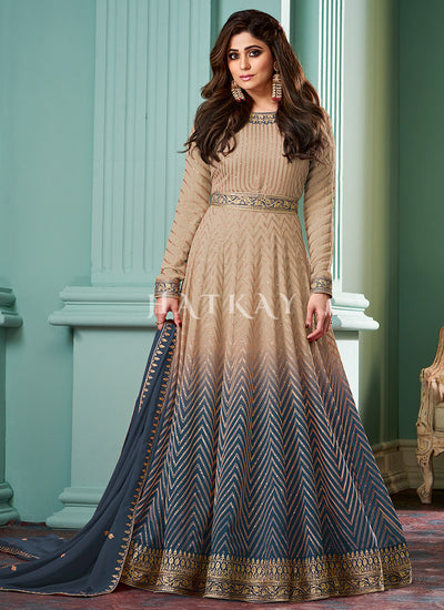 Beige And Blue Ombre Embroidered Anarkali Dress