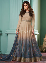 Beige And Blue Ombre Embroidered Anarkali Dress
