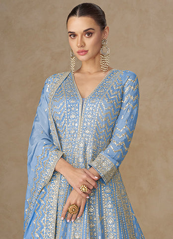 French Blue Embroidered Festive Wear Anarkali Suit